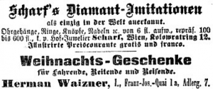 Scharf's diamond imitations, of world renown. Christmas presents for travelers by Herman Waizner, 1. Vienna.