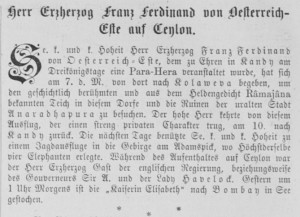 Notice in the Wiener Salonblatt no. 3 about Franz Ferdinand's stay in Ceylon