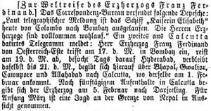 Notice in the Neue Freie Presse 15 January 1893, p.4, about Franz Ferdinand's arrival in Bombay and his itinerary in India to Nepal.