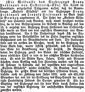 Notice about Franz Ferdinand's arrival in Bombay in Neue Freie Presse, 18 January 1893, p. 5