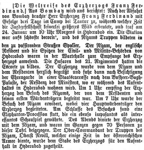 Franz Ferdinand's stay in Bombay and Tandur, as reported in Die Neue Presse 14 February 1893, p.4.