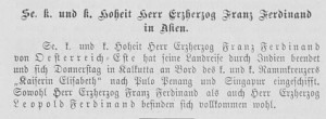 Franz Ferdinand is leaving India, in good health. Wiener Salonblatt 2. April 1893, p. 4